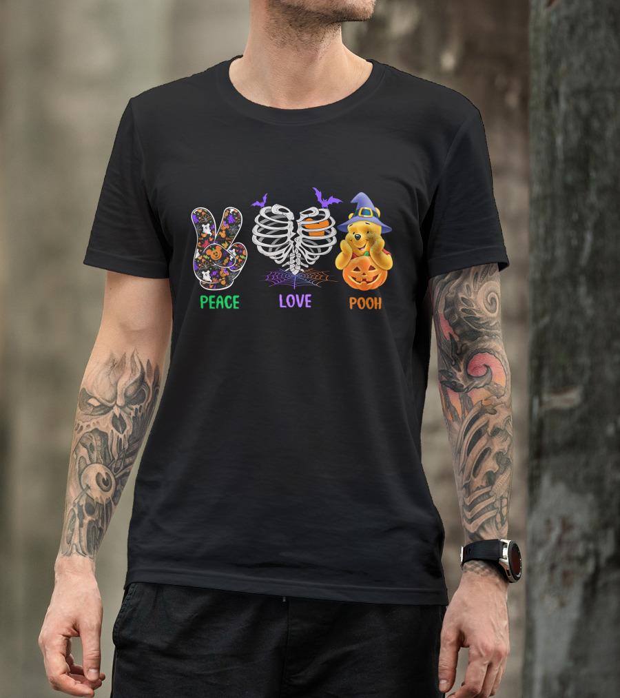 Peace Love Pooh Halloween Pumpkin Skeleton Ribs T-Shirt