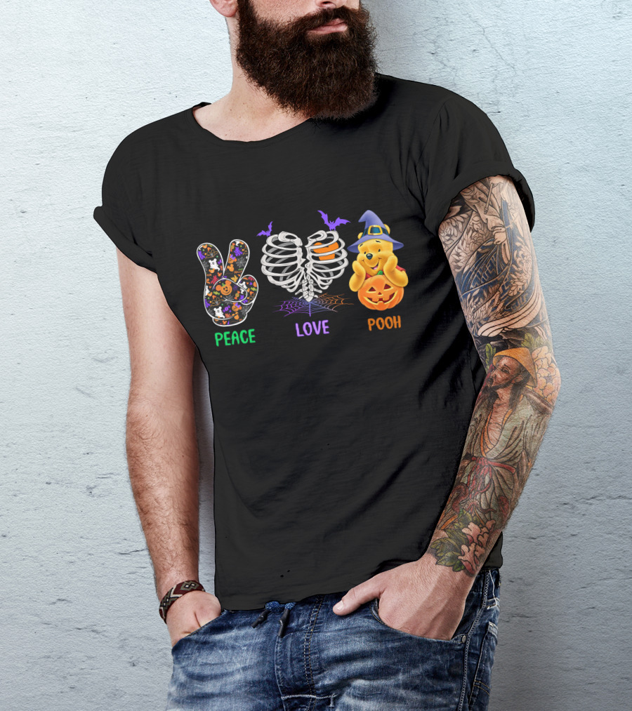 Peace Love Pooh Halloween Pumpkin Skeleton Ribs T-Shirt