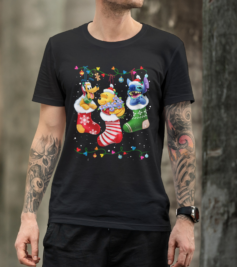 Pluto Stitch Pooh Christmas Stockings Festive Holiday Cartoon Characters T-Shirt