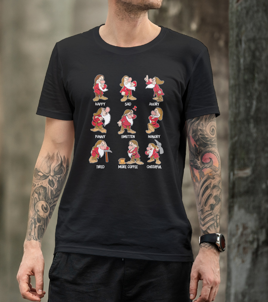 Happy Sad Angry Funny Smitten Hungry Tired More Coffee Cheerful Moods T-Shirt