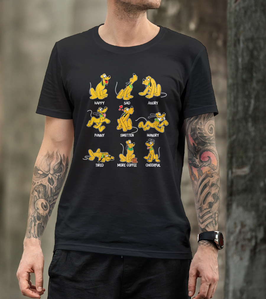 PLUTO MOODS HAPPY SAD ANGRY FUNNY SMITTEN HUNGRY TIRED MORE COFFEE CHEERFUL T-Shirt