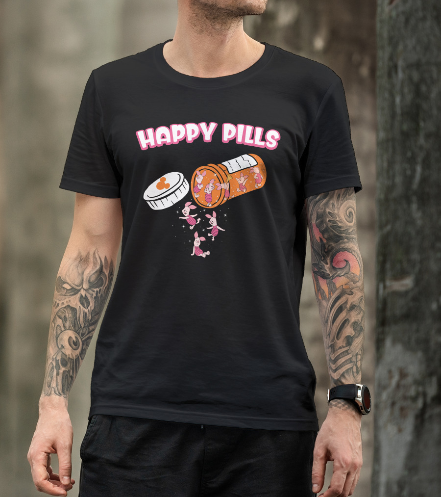HAPPY PILLS Piglet Characters In Prescription Bottle T-Shirt