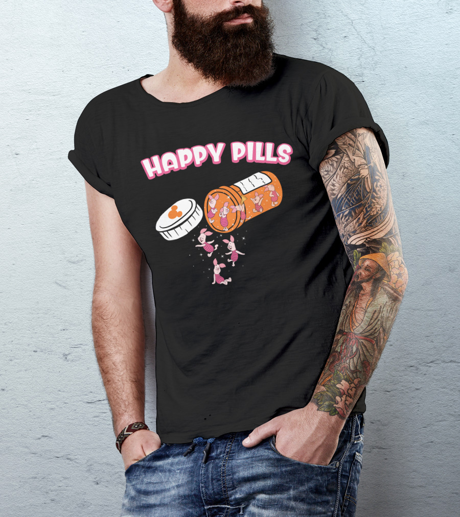 HAPPY PILLS Piglet Characters In Prescription Bottle T-Shirt