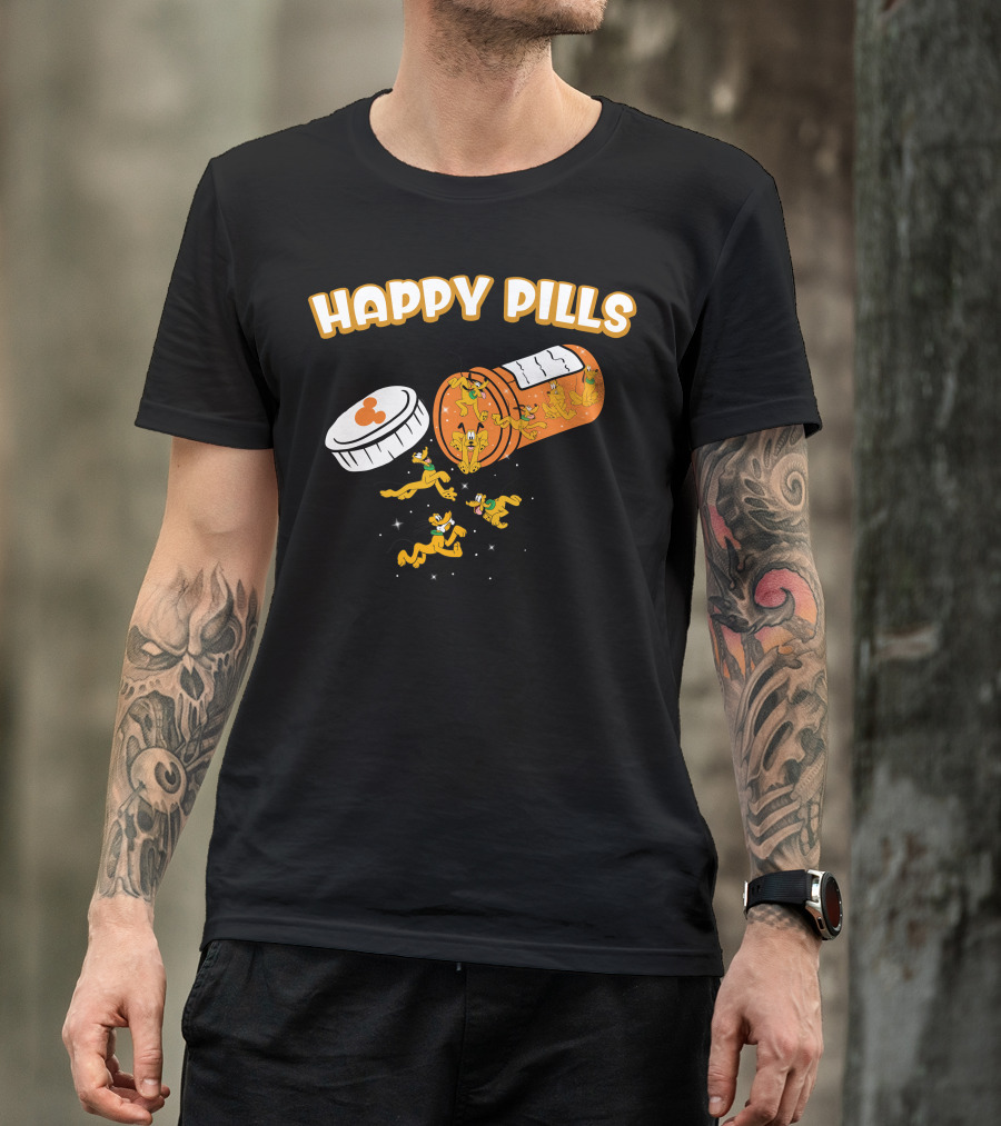 HAPPY PILLS Pluto Characters In Orange Pill Bottle T-Shirt