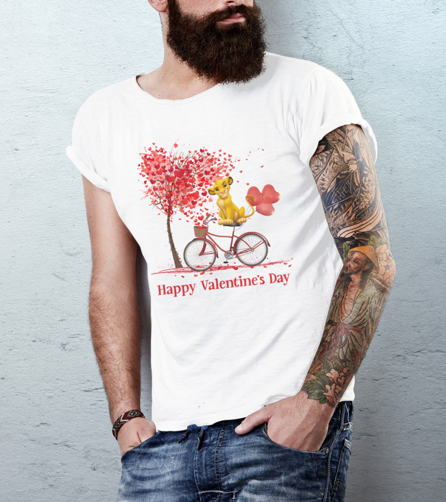 Happy Valentine's Day Cute Cartoon Character On Red Bicycle With Heart Balloons And Tree T-Shirt