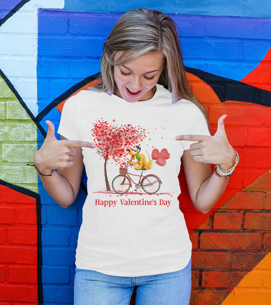 Disney Pluto Happy Valentine's Day Bicycle And Heart Tree T-Shirt