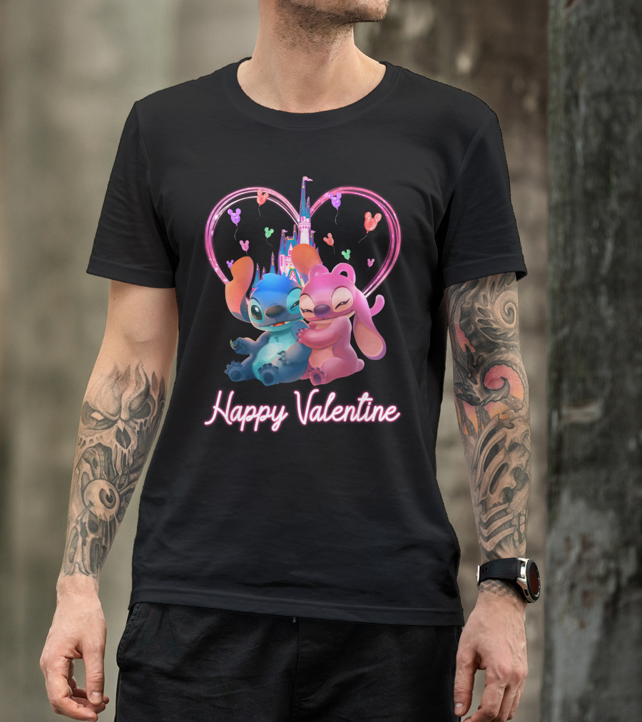 Happy Valentine Stitch Angel Castle Heart Balloons T-Shirt