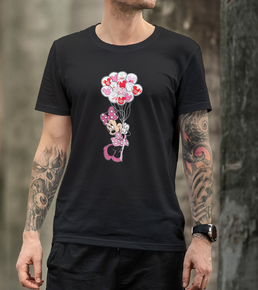 Minnie Mouse Holding Heart Balloons With Xoxo And Hugs Kisses Patterns T-Shirt