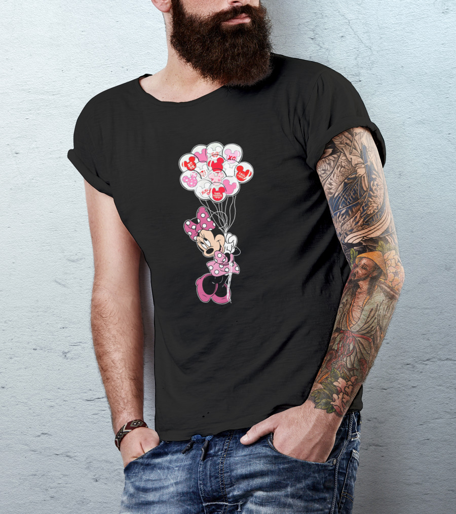Minnie Mouse Holding Heart Balloons With Xoxo And Hugs Kisses Patterns T-Shirt