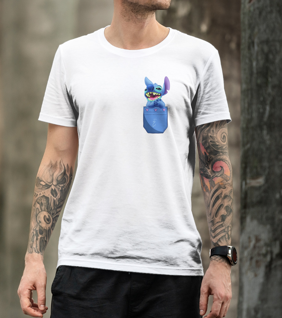 Stitch Pocket Smiling Face With Purple Ears T-Shirt