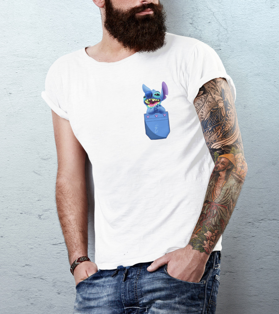 Stitch Pocket Smiling Face With Purple Ears T-Shirt