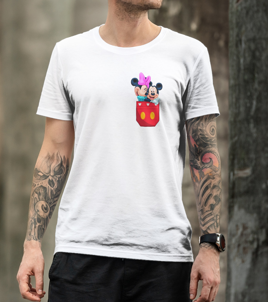 Mickey Mouse And Minnie Mouse In Red Pocket With Hearts And Bow T-Shirt