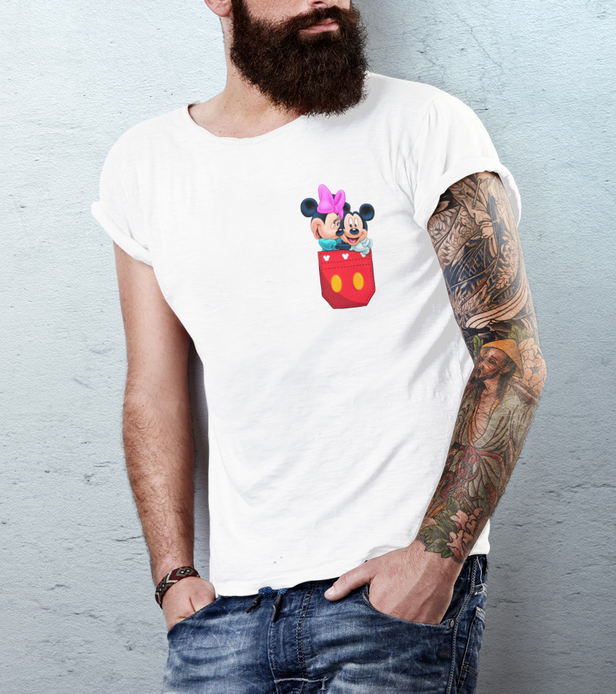 Mickey Mouse And Minnie Mouse In Red Pocket With Hearts And Bow T-Shirt