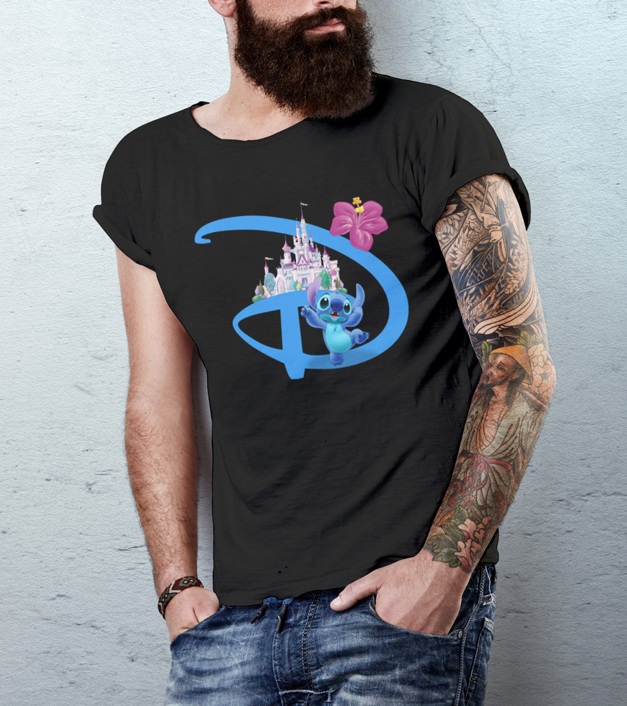 Stitch Disney Castle Hibiscus Flower T-Shirt