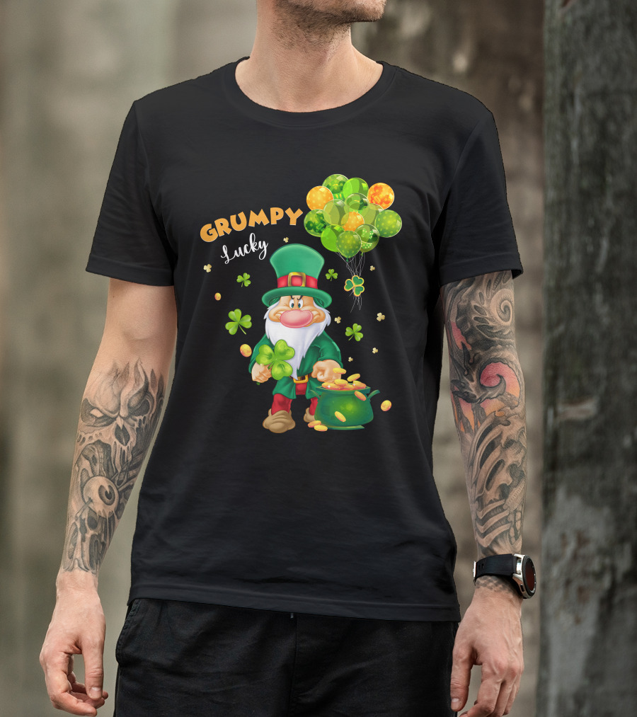 Grumpy Lucky Leprechaun With Shamrocks And Gold Coins T-Shirt