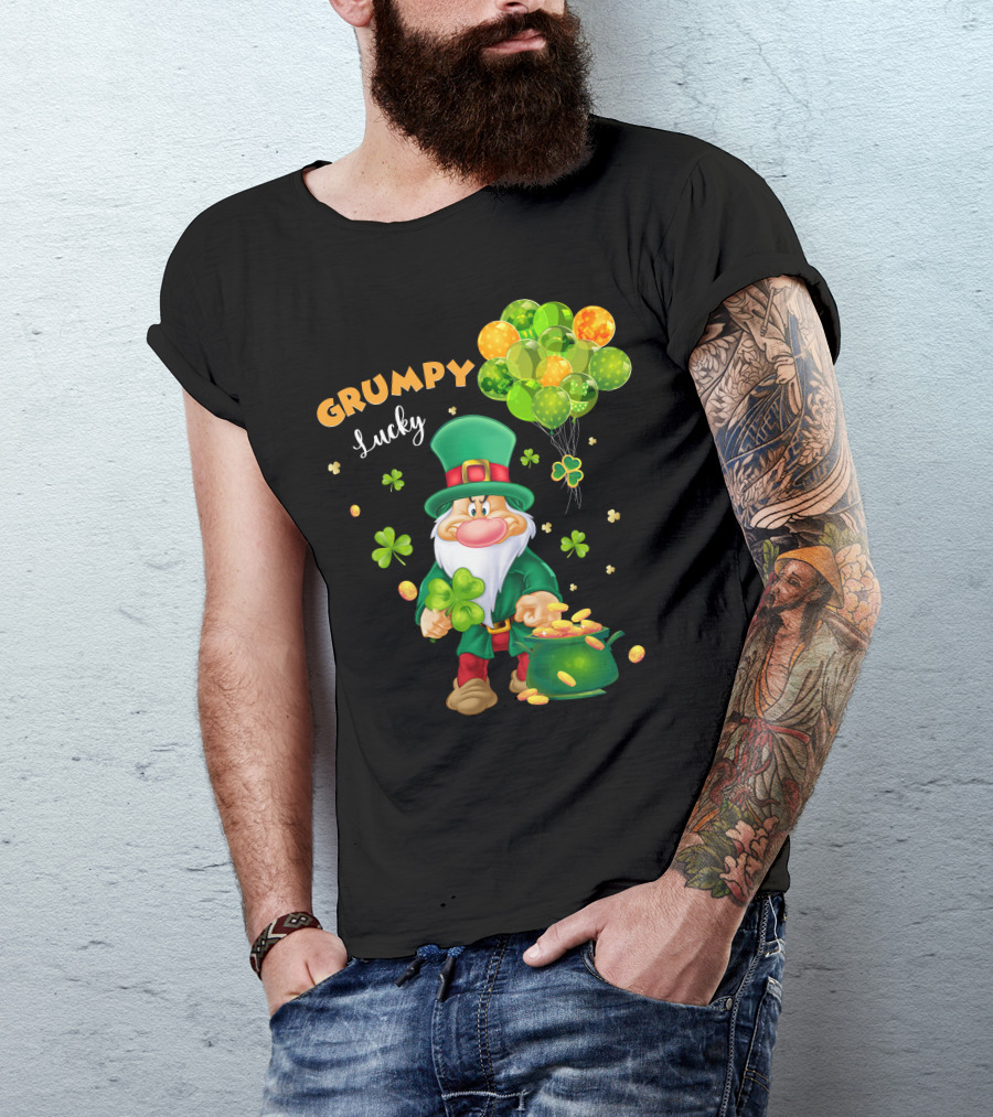 Grumpy Lucky Leprechaun With Shamrocks And Gold Coins T-Shirt
