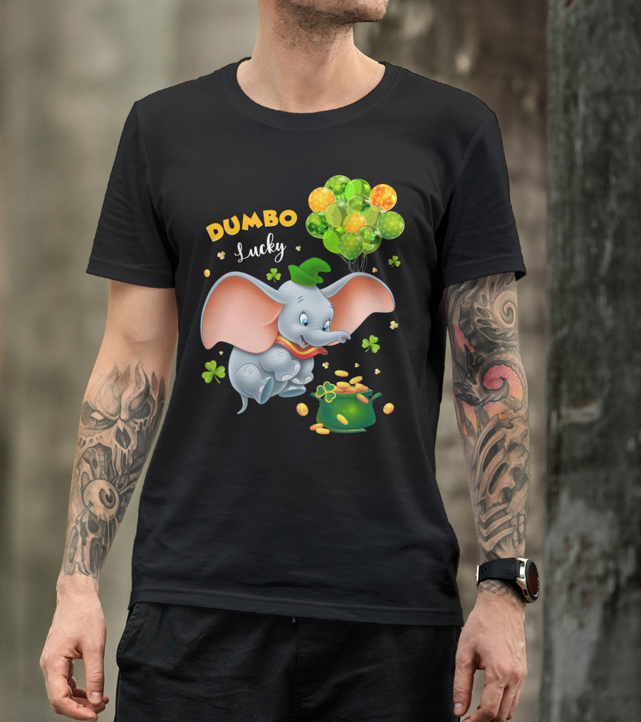 Dumbo Lucky Elephant With Green Hat And Balloons With Pot Of Gold T-Shirt