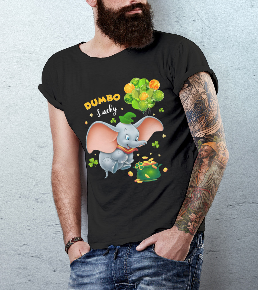 Dumbo Lucky Elephant With Green Hat And Balloons With Pot Of Gold T-Shirt