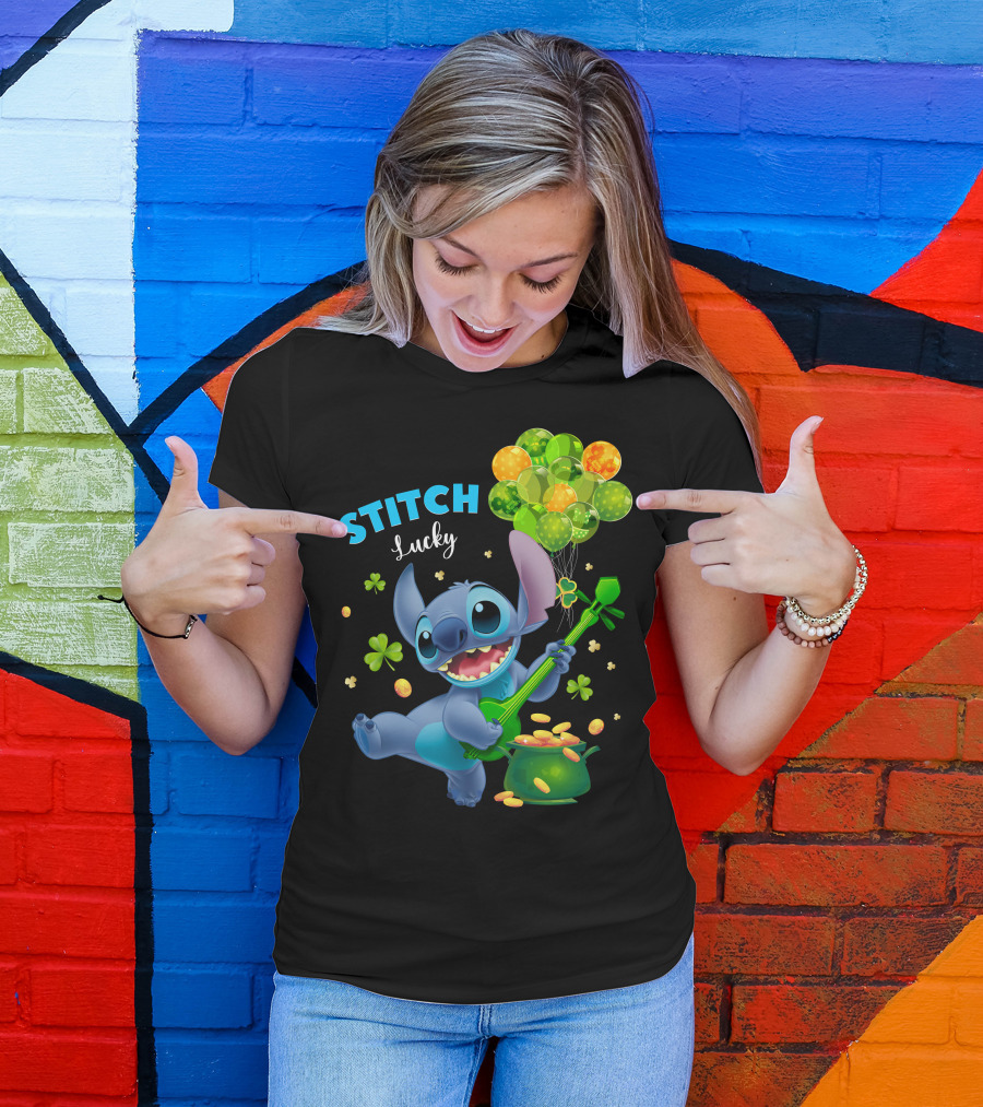 Stitch Lucky Balloons And Shamrock Celebration T-Shirt