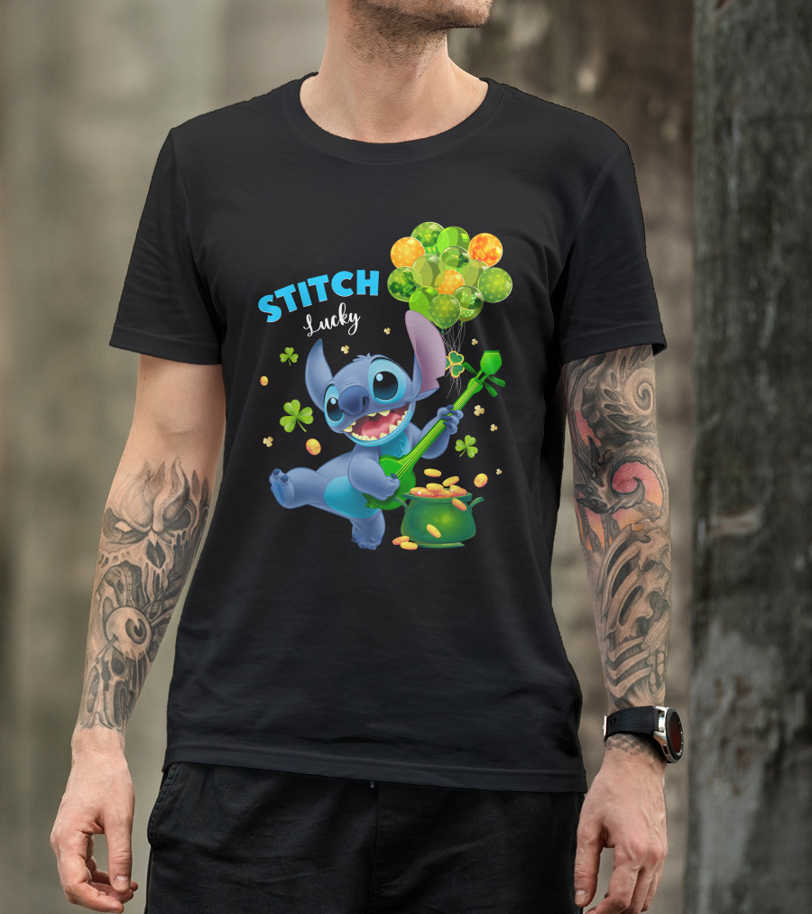 Stitch Lucky Balloons And Shamrock Celebration T-Shirt
