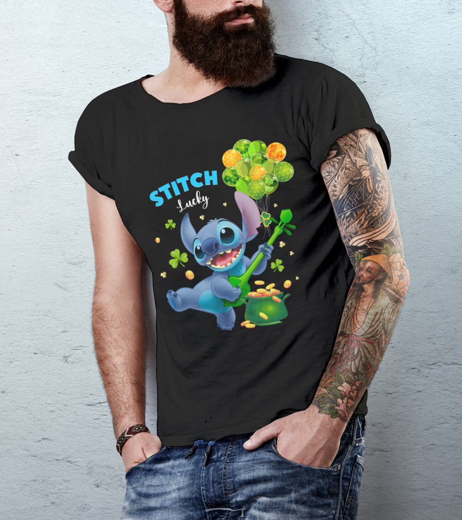 Stitch Lucky Balloons And Shamrock Celebration T-Shirt