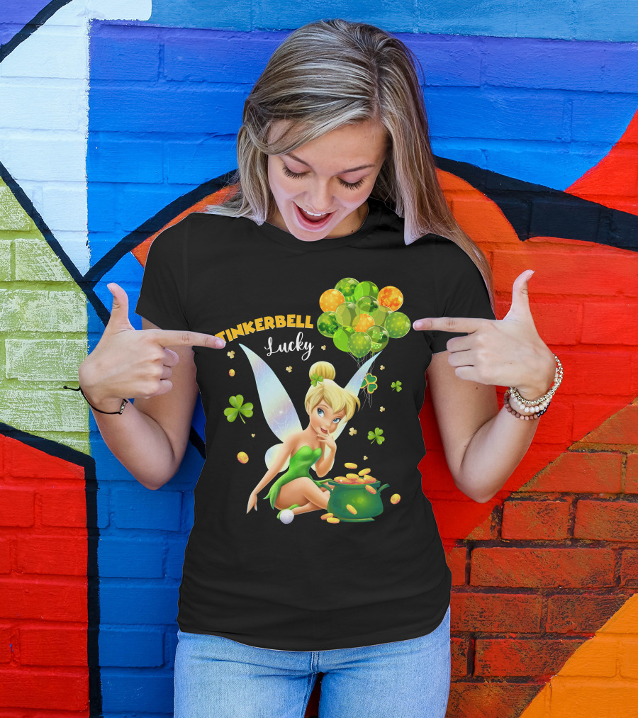 Tinkerbell Lucky Balloons And Clover With Pot Of Gold T-Shirt