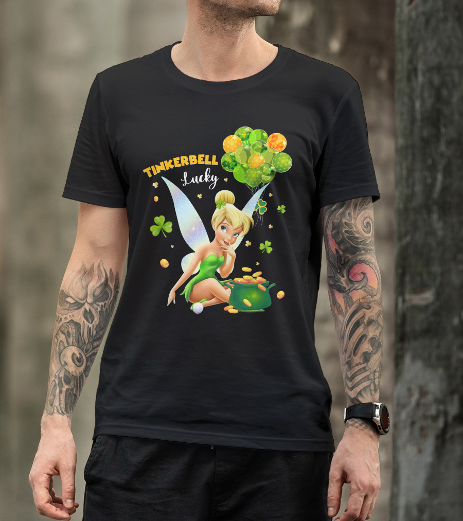 Tinkerbell Lucky Balloons And Clover With Pot Of Gold T-Shirt