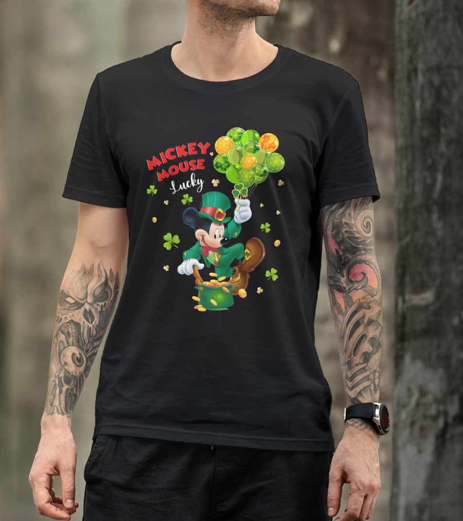 Mickey Mouse Lucky Shamrock Balloons Leprechaun Coins T-Shirt