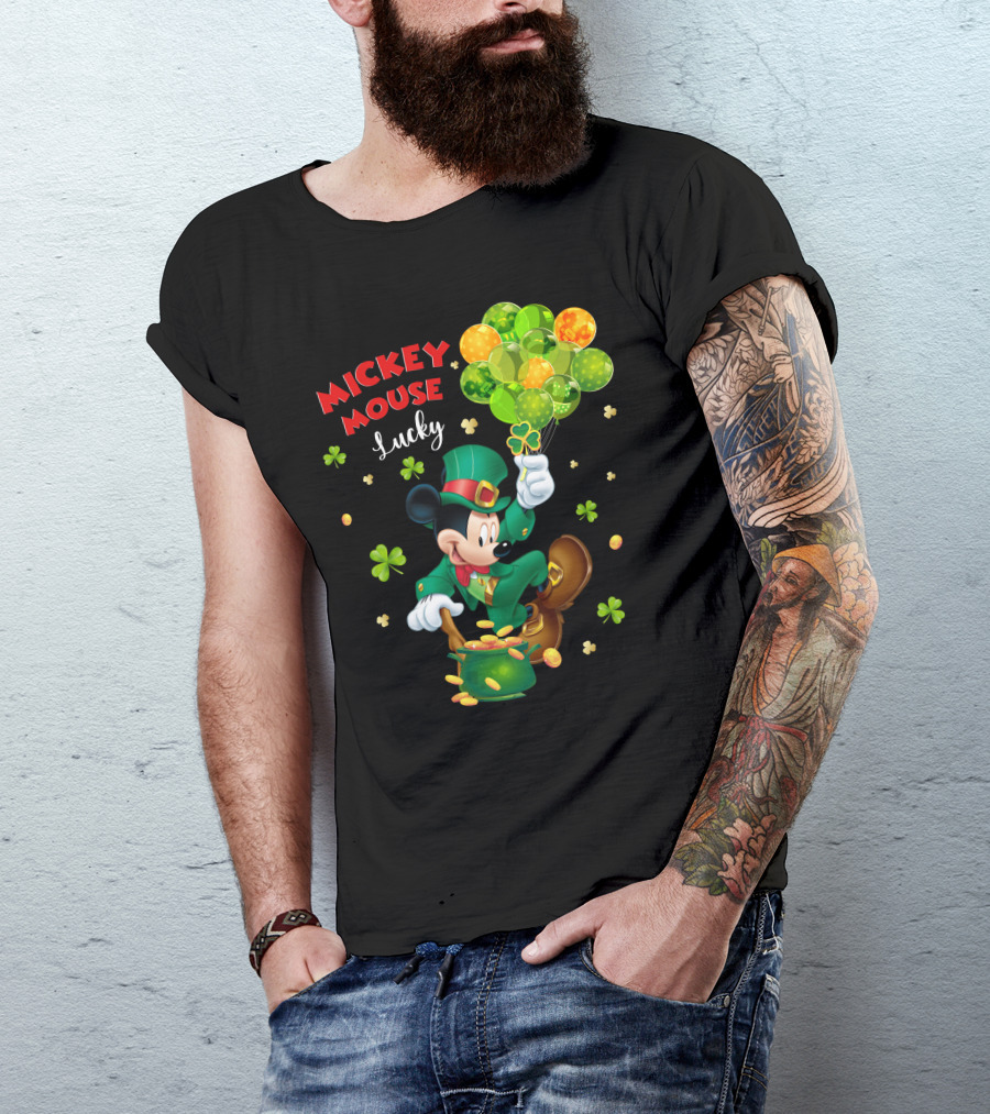 Mickey Mouse Lucky Shamrock Balloons Leprechaun Coins T-Shirt
