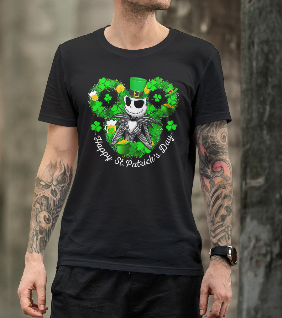 Jack Skellington Happy St. Patrick's Day Shamrocks And Leprechaun Hat T-Shirt
