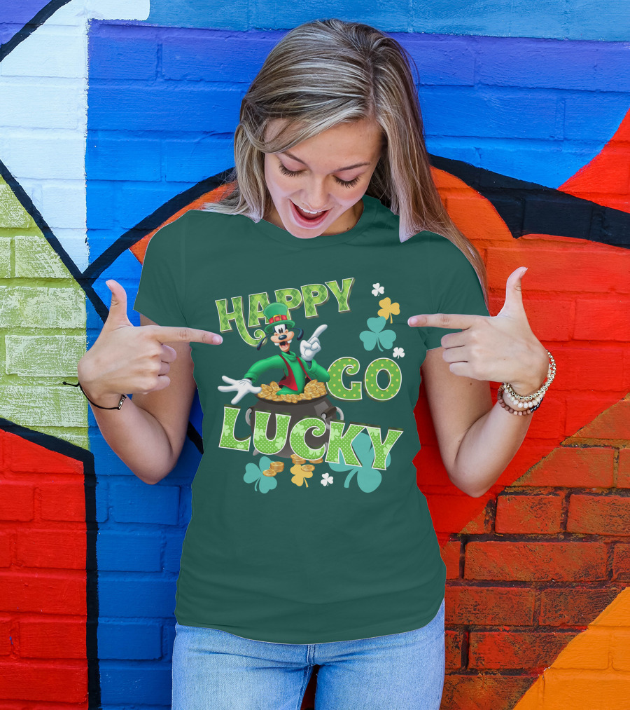 Happy Go Lucky Goofy Pot Of Gold Shamrocks T-Shirt