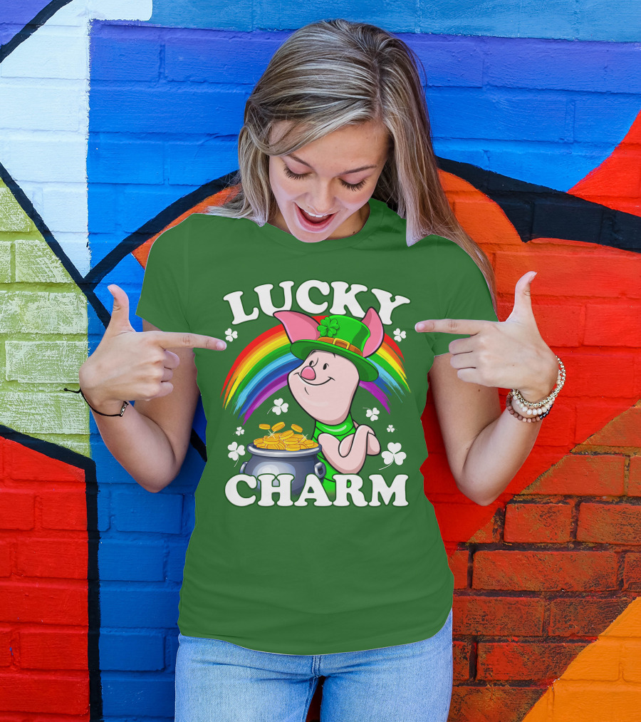 Lucky Charm With Piglet In Leprechaun Hat And Rainbow T-Shirt