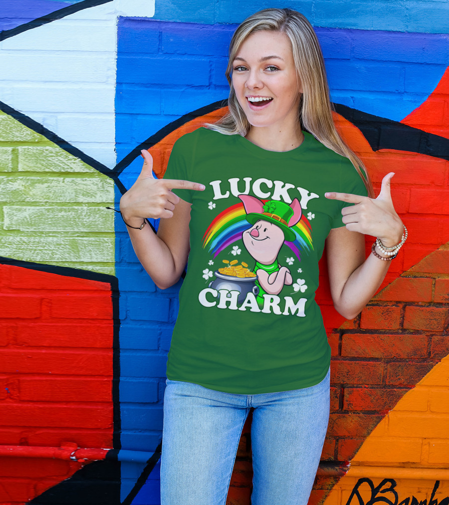 Lucky Charm With Piglet In Leprechaun Hat And Rainbow T-Shirt