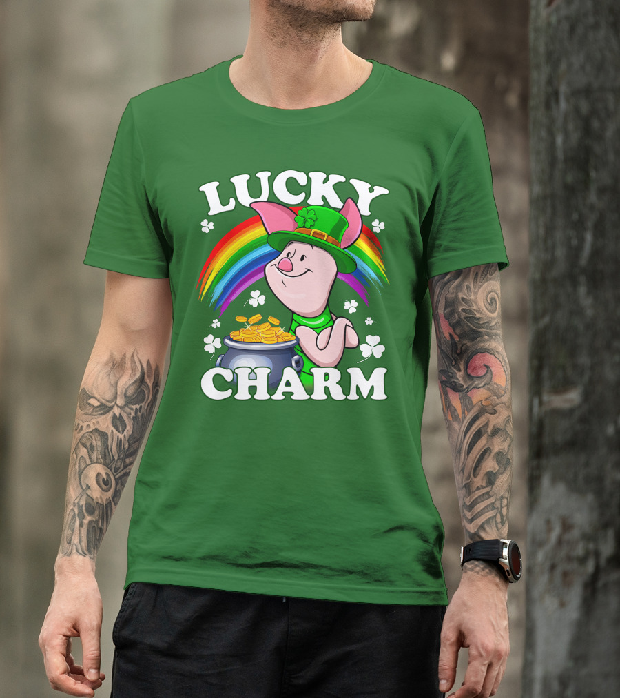 Lucky Charm With Piglet In Leprechaun Hat And Rainbow T-Shirt