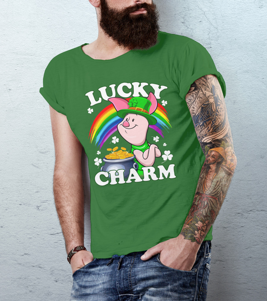 Lucky Charm With Piglet In Leprechaun Hat And Rainbow T-Shirt