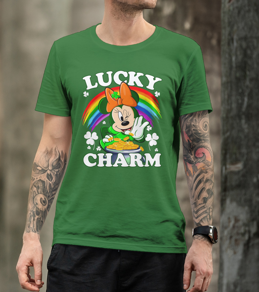 Lucky Charm Rainbow Minnie With Pot Of Gold And Shamrocks T-Shirt