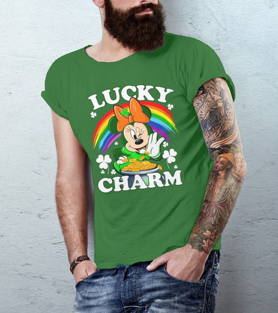 Lucky Charm Rainbow Minnie With Pot Of Gold And Shamrocks T-Shirt