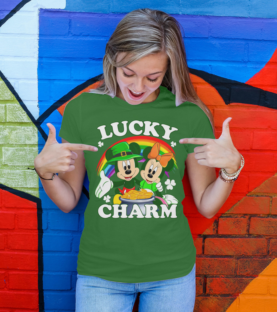 Lucky Charm Mickey And Minnie Rainbow Shamrock Coins T-Shirt