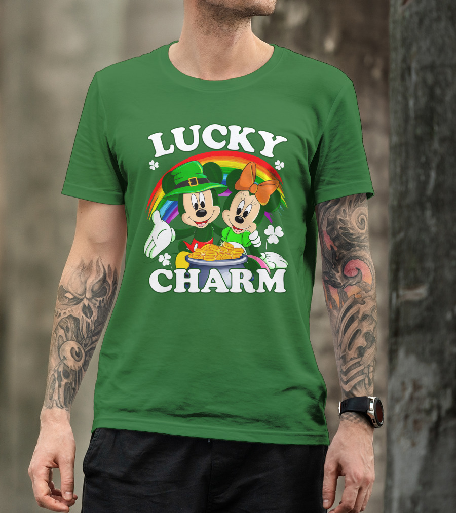 Lucky Charm Mickey And Minnie Rainbow Shamrock Coins T-Shirt