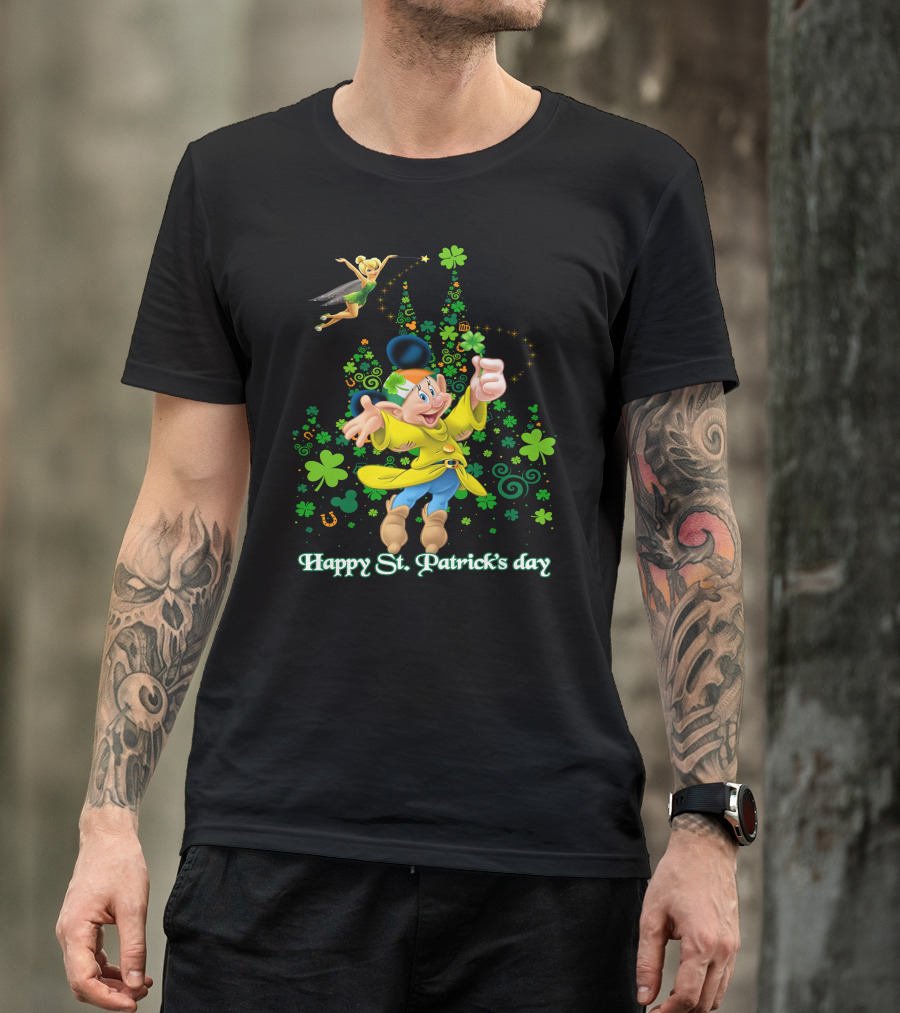 Happy St. Patrick's Day Dopey Disney Character With Tinker Bell And Clovers T-Shirt