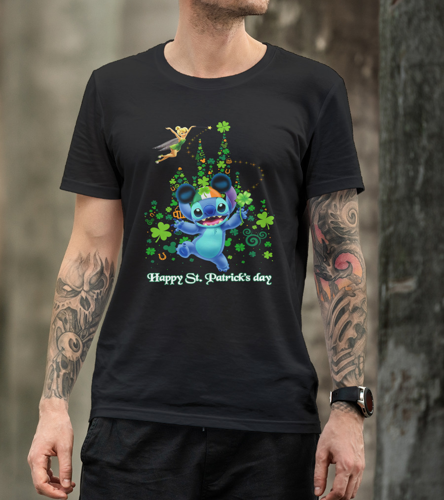 Stitch And Tinkerbell Happy St. Patrick's Day With Shamrocks And Irish Colors T-Shirt