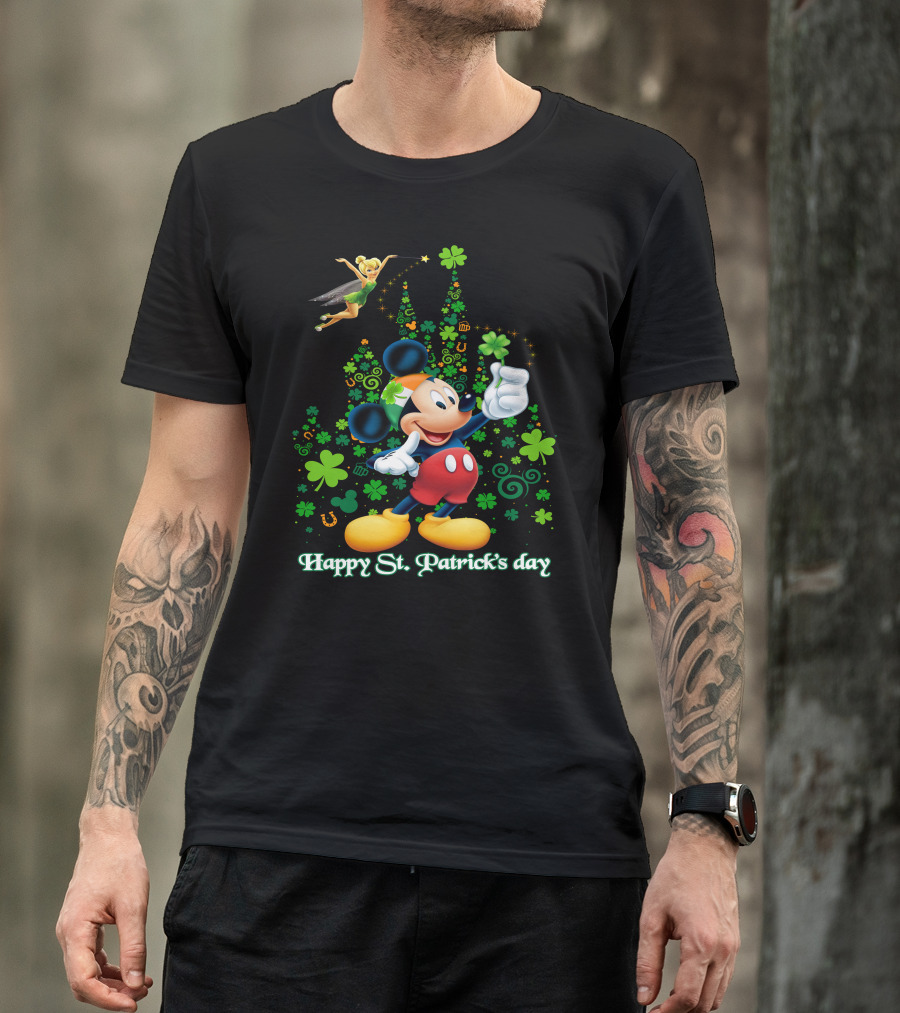 Mickey Happy St. Patrick's Day With Tinker Bell And Shamrocks T-Shirt