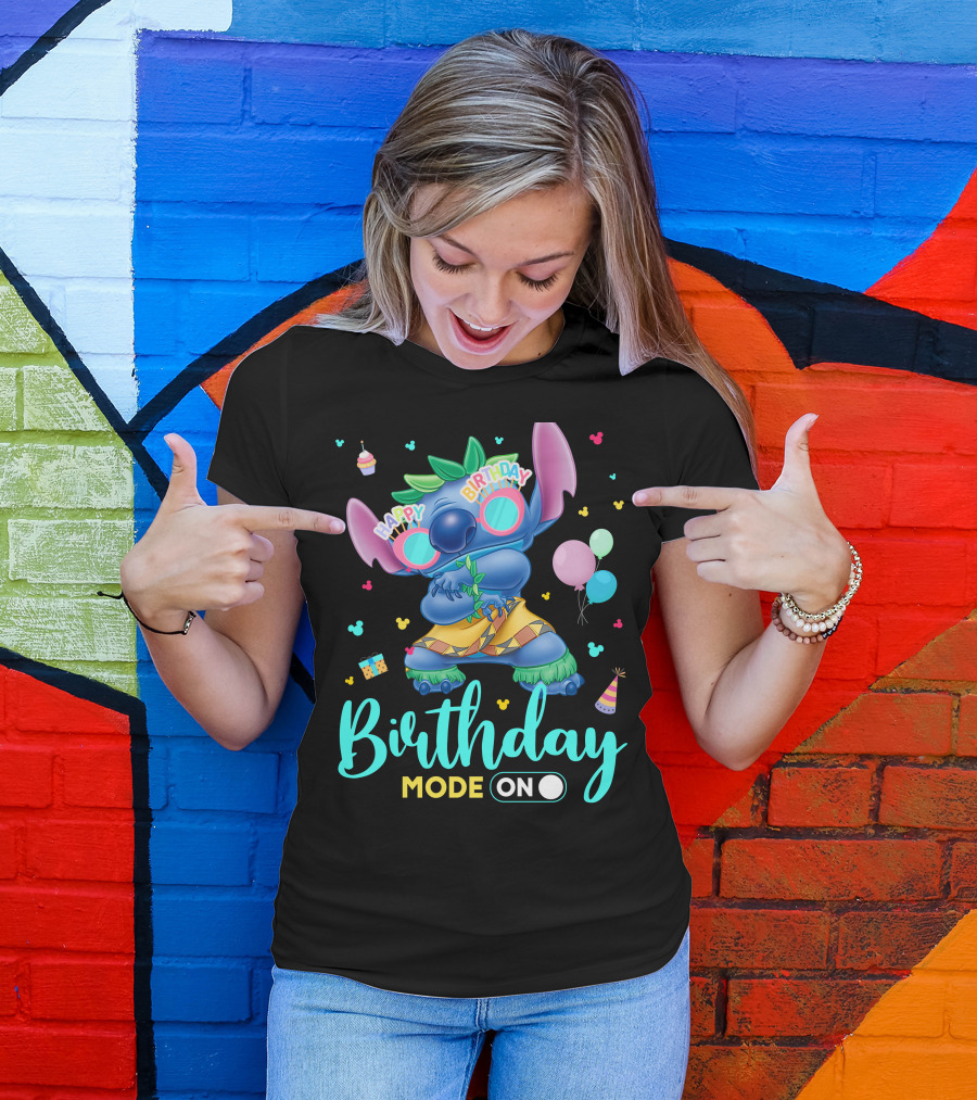 Stitch Birthday Mode On With Balloons And Cupcake T-Shirt