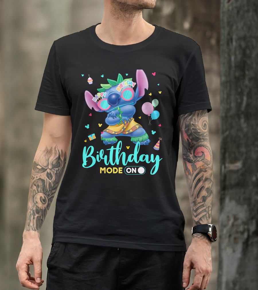 Stitch Birthday Mode On With Balloons And Cupcake T-Shirt