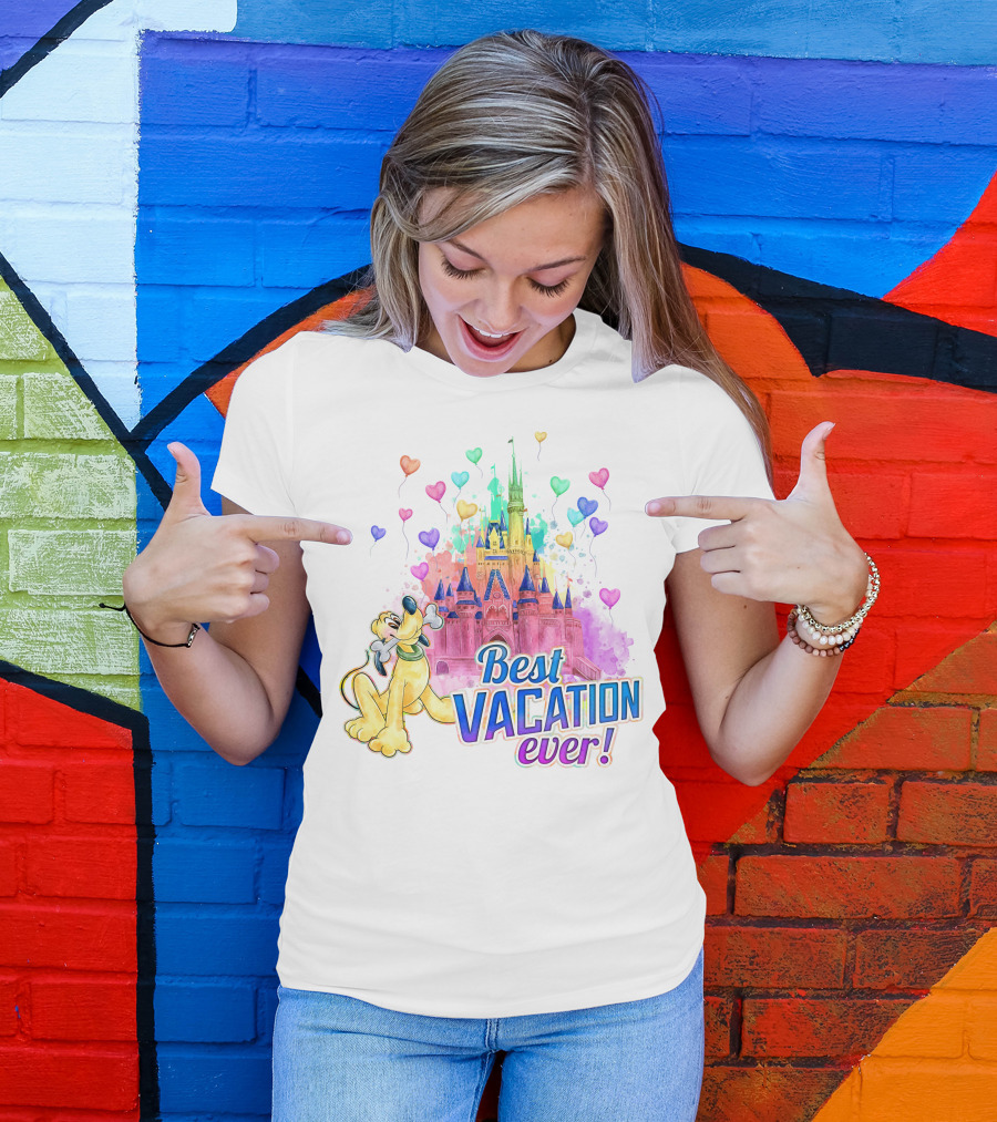 Best Vacation Ever Pluto With Colorful Castle And Heart Balloons T-Shirt