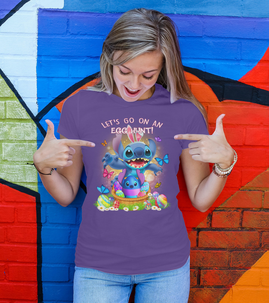 Let's Go On An Egg Hunt With Stitch Basket Of Eggs And Butterflies T-Shirt