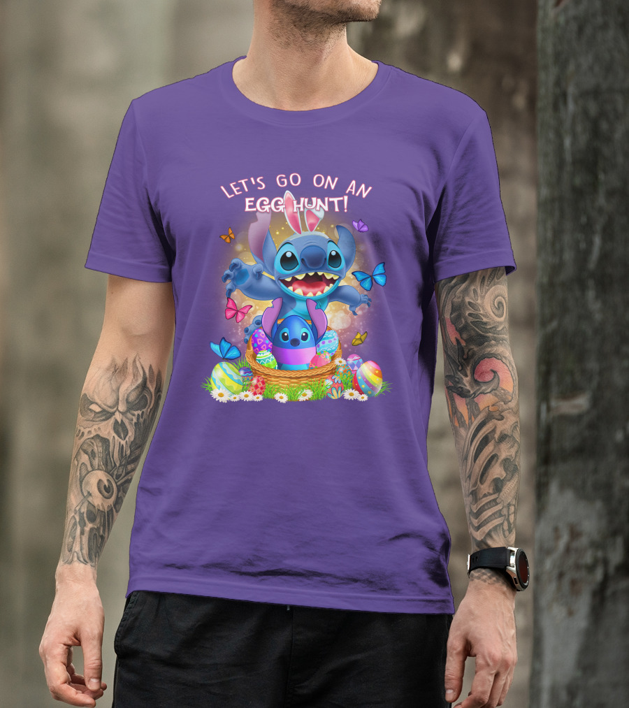 Let's Go On An Egg Hunt With Stitch Basket Of Eggs And Butterflies T-Shirt