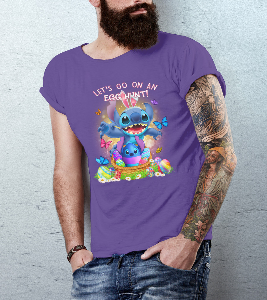 Let's Go On An Egg Hunt With Stitch Basket Of Eggs And Butterflies T-Shirt