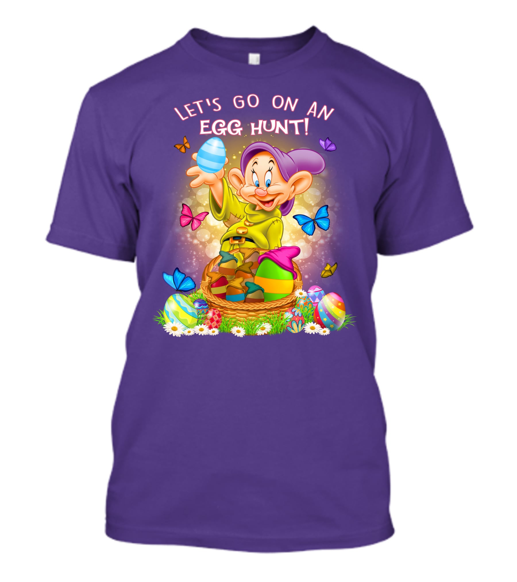 Let's Go On An Egg Hunt! Dopey And Colorful Butterflies In Easter Basket Scene T-Shirt