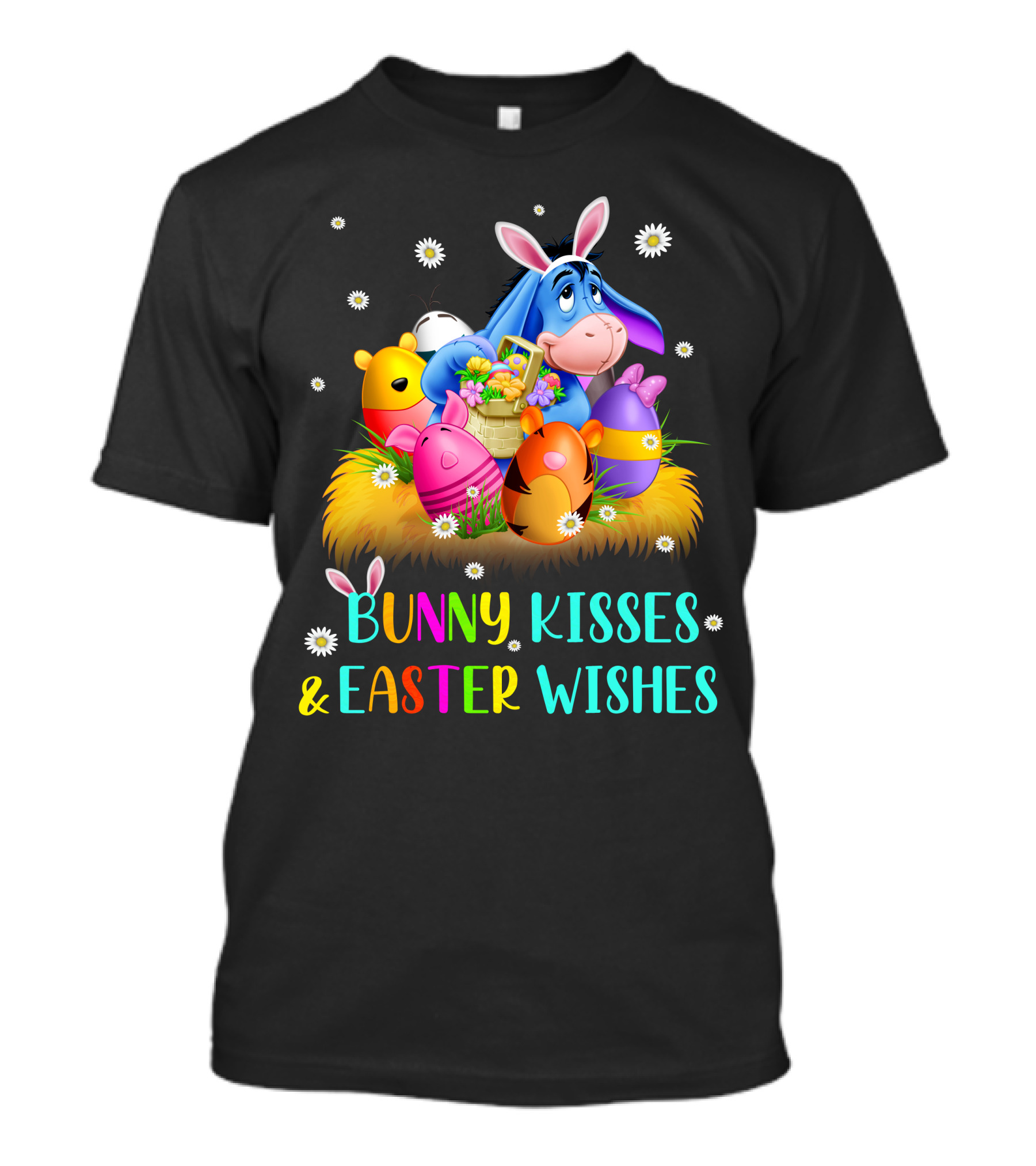 Bunny Kisses And Easter Wishes Eeyore Colorful Eggs Basket T-Shirt